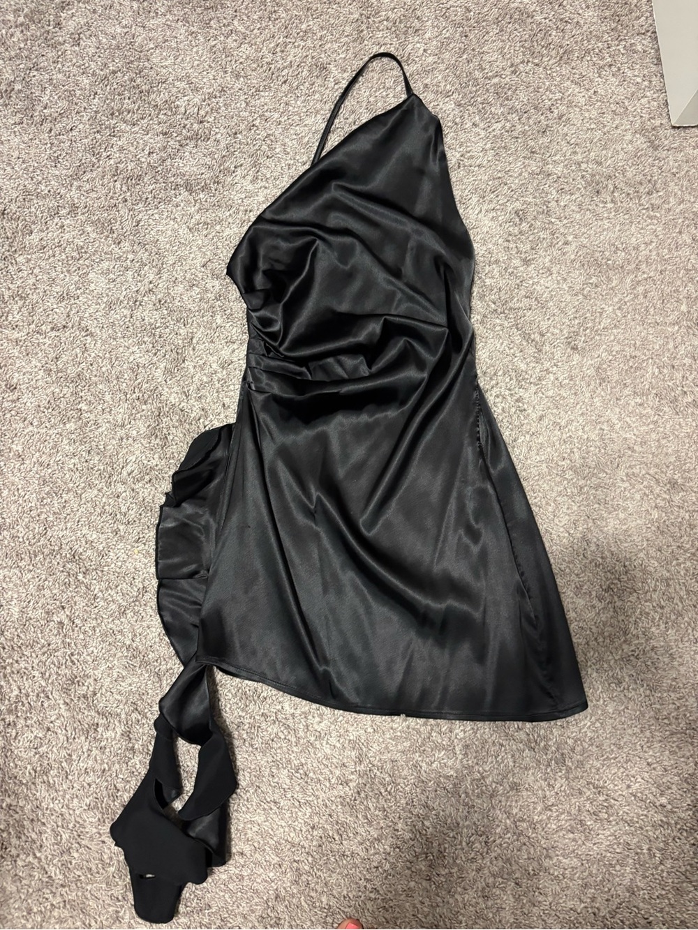 Black Satin One-Shoulder Dress